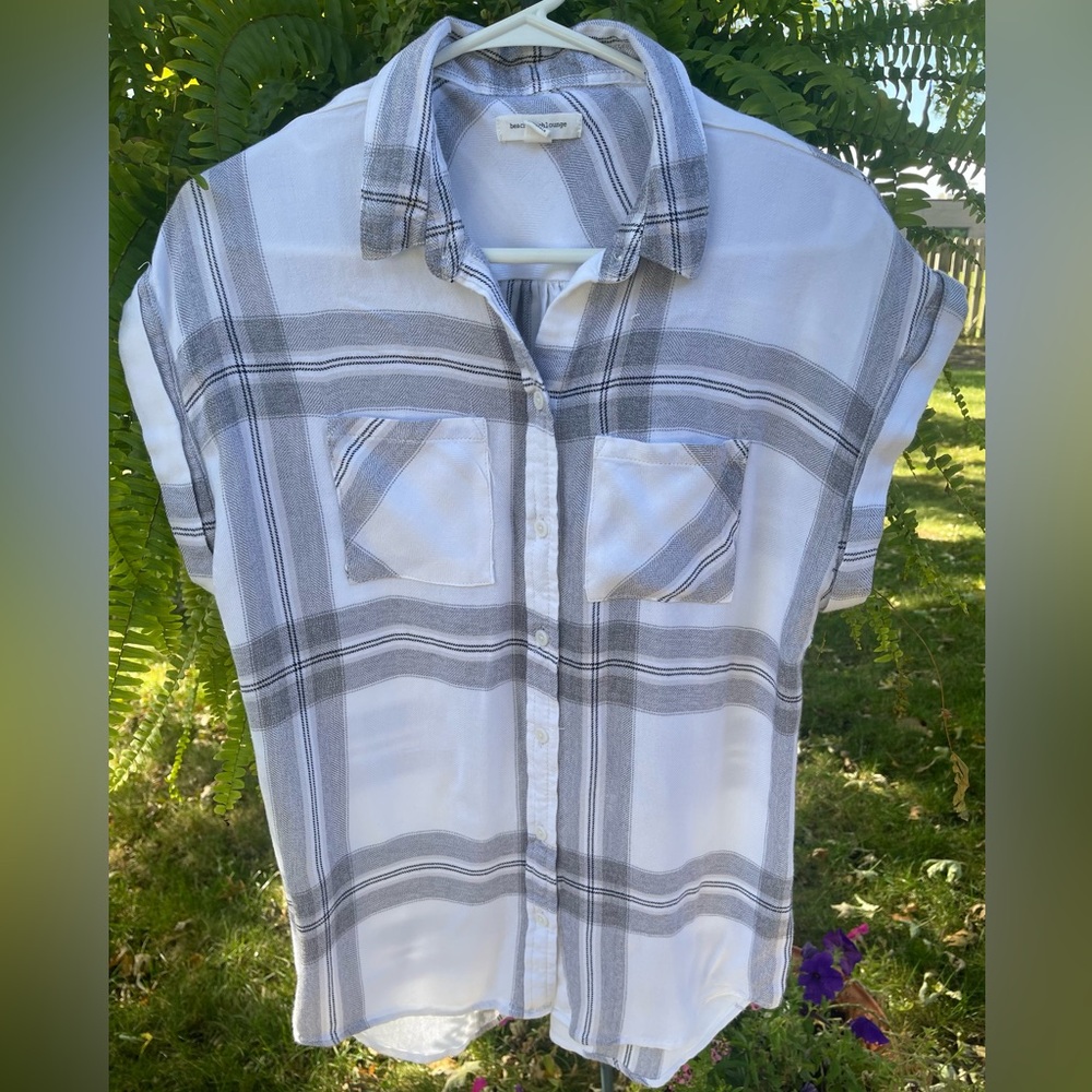 BeachLunchLounge White Grey Plaid Button-Front Cap Sleeve Top Shirt Sz S